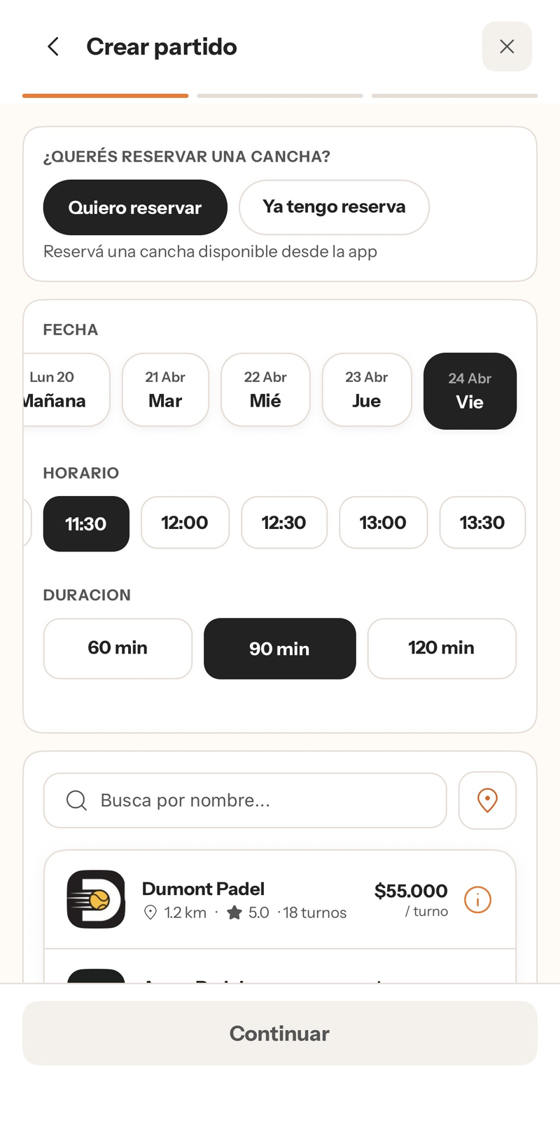 Pantalla de creación de partido con reserva de cancha