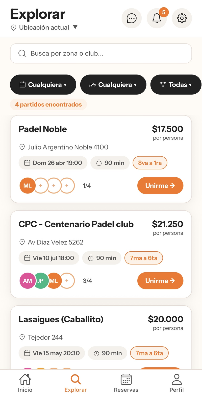 Pantalla de explorar partidos abiertos