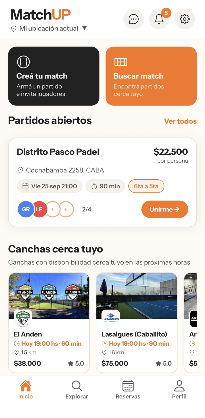 MatchUP — pantalla de inicio con partidos disponibles